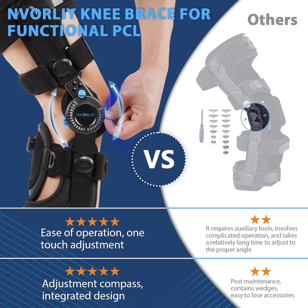 Nvorliy Knee Brace for Functional Posterior Cruciate Ligament (PCL) Recovery Stabilization, Adjustable Medical Post-Op Orthosis for Post-Surgery Support, Women and Men (Left, X-Large)