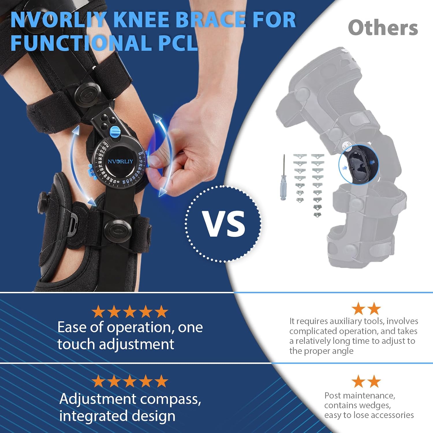 Nvorliy Knee Brace for Functional Posterior Cruciate Ligament (PCL) Recovery Stabilization, Adjustable Medical Post-Op Orthosis for Post-Surgery Support, Women and Men (Left, X-Large)