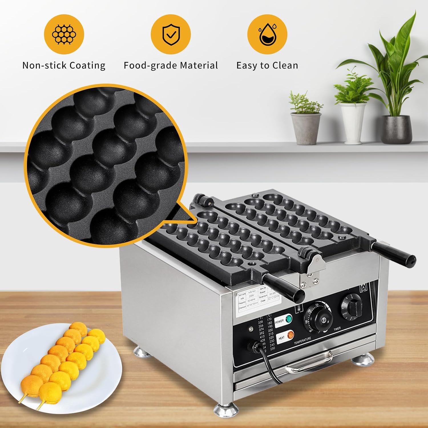 Waffle Ball Stick Maker, Commercial 110V Electric Bubble Skewer Waffle Ball Machine, Stainless Steel Nonstick Bubble Waffle Stick Machine for Restaurant, Snack Bar, Street Stall