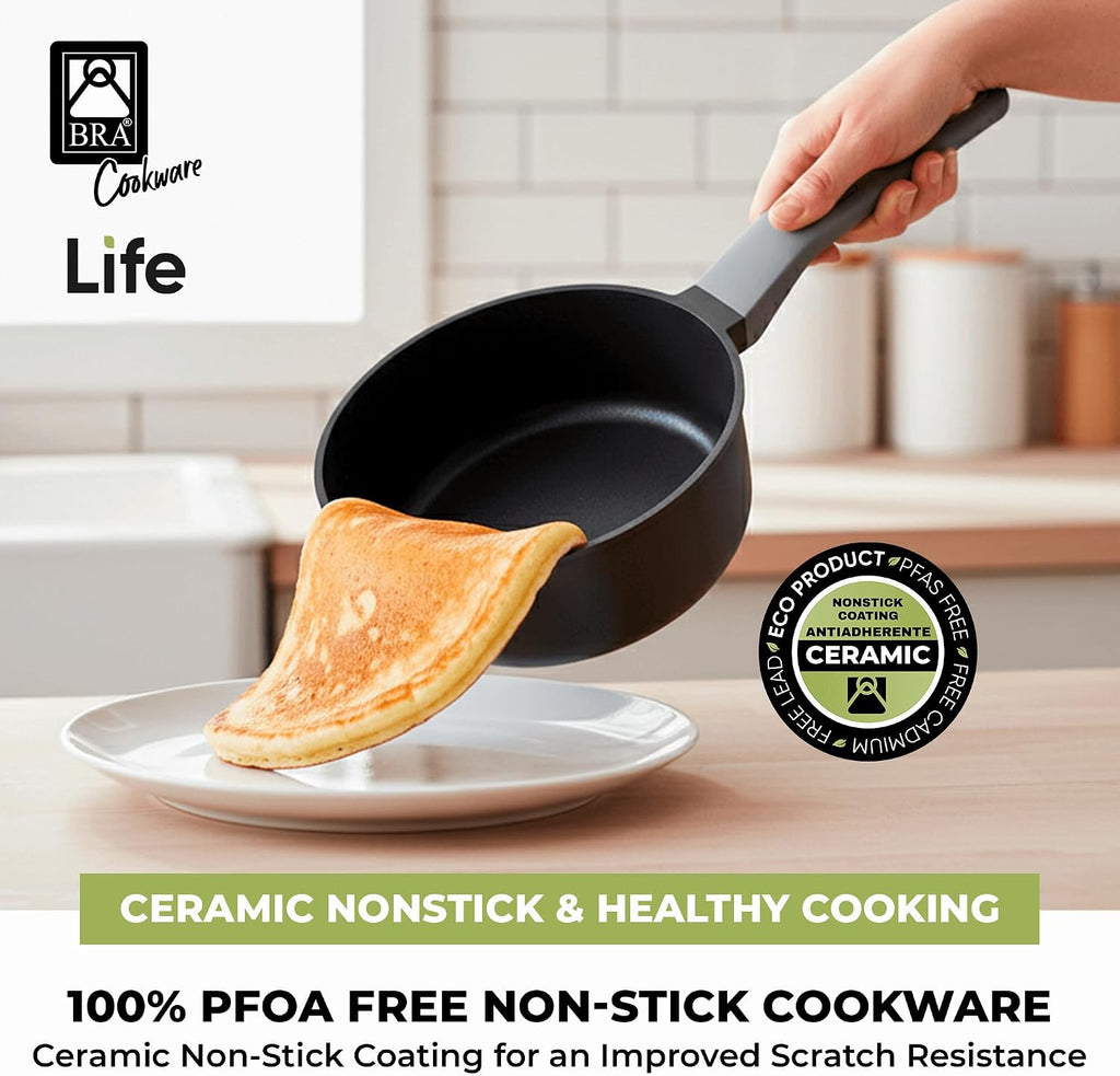 BRA COOKWARE Life 12-Piece Ceramic Cookware Set | Recycled Cast Aluminum Pots & Pans Set w/ 2 Pots, 1 Sauté Pan, 3 Pans, 1 Saucepan, 1 Grill, 4 Lids | Ceramic Non-Stick Coating | All Stovetops
