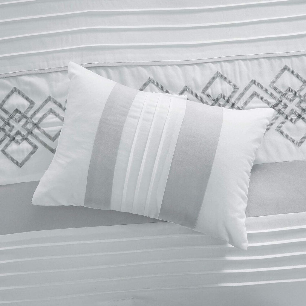 Chezmoi Collection Ariel 7-Piece Gray Geometric Chenille Embroidery Pleated Striped Comforter Bedding Set, Oversized King Size