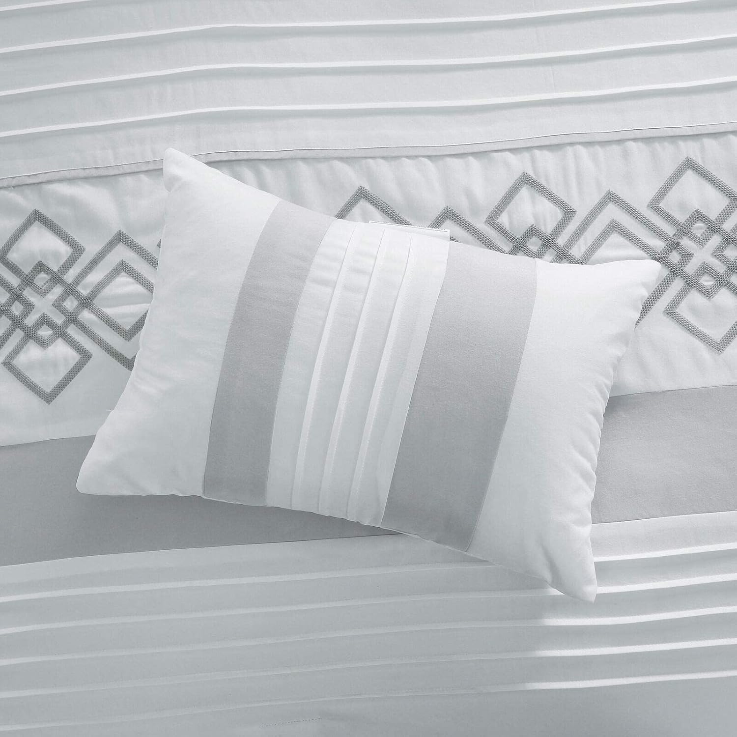 Chezmoi Collection Ariel 7-Piece Gray Geometric Chenille Embroidery Pleated Striped Comforter Bedding Set, Oversized King Size