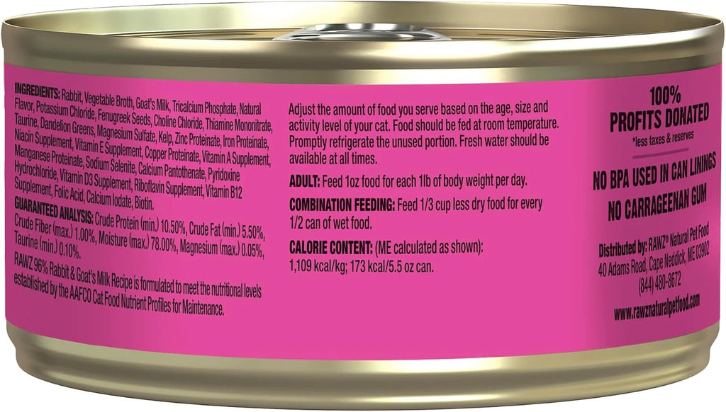 Rawz Natural Premium Pate Canned Cat Wet Food - Made with Real Meat Ingredients No BPA or Gums - 5.5oz Cans 24 Count (Rabbit with Goats Milk)