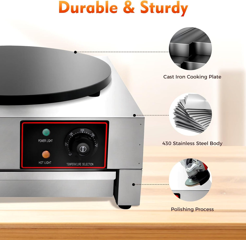 1700W 16' Electric Crepe Maker Commercial Crepe Machine with Spatula and Non-Stick Cooking Surface Pancake Griddle Pan for Kitchen Snack Stand Dessert Shop, 122-572℉ Adjustable