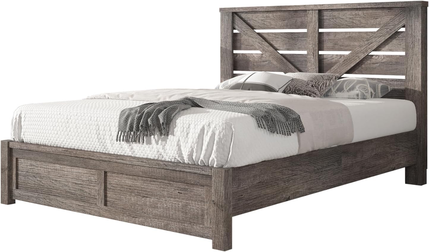 AMERLIFE Full Size Bed Frame with 49.2' Barn Door Headboard and Footboard, Farmhouse Platform Bed Frame with Wood Slats, No Box Spring Needed, Under Bed Storage, Rustic Gray