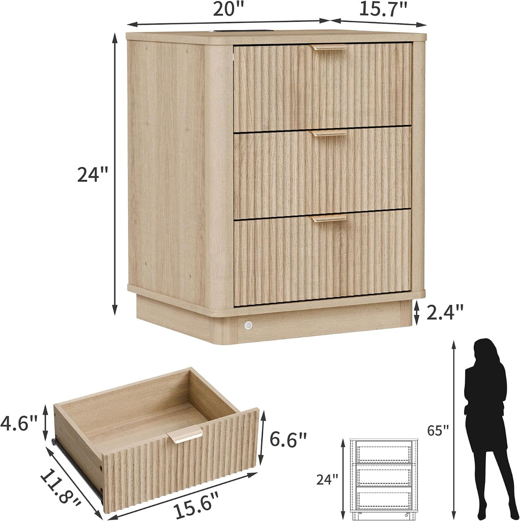Dresser and Nightstand Sets 3 Piece, Bedroom Set with Charging Station, Large 5 Drawer Dresser for Bedroom and Night Stand Set of 2, Mid Century Modern Bedroom Furniture Set with Motion Sensor Lights