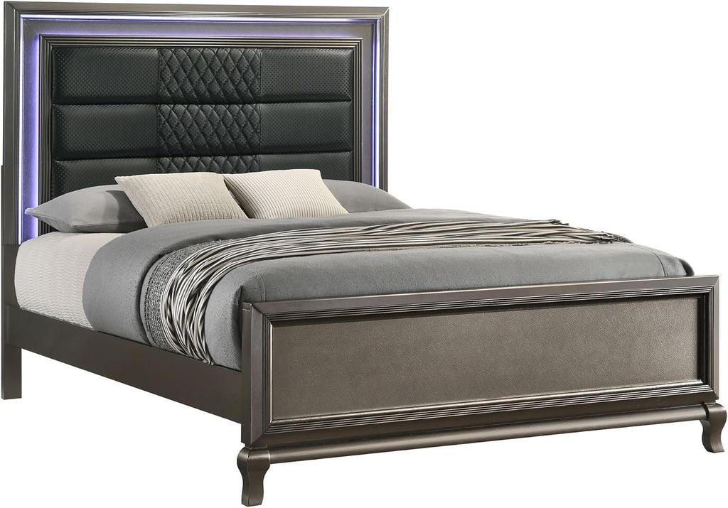 Kings Brand Furniture Tyler 6-Piece Queen Size Bedroom Set - Bed with LED Headboard, Dresser, Mirror, Chest and 2 Nightstands, Metallic Gray