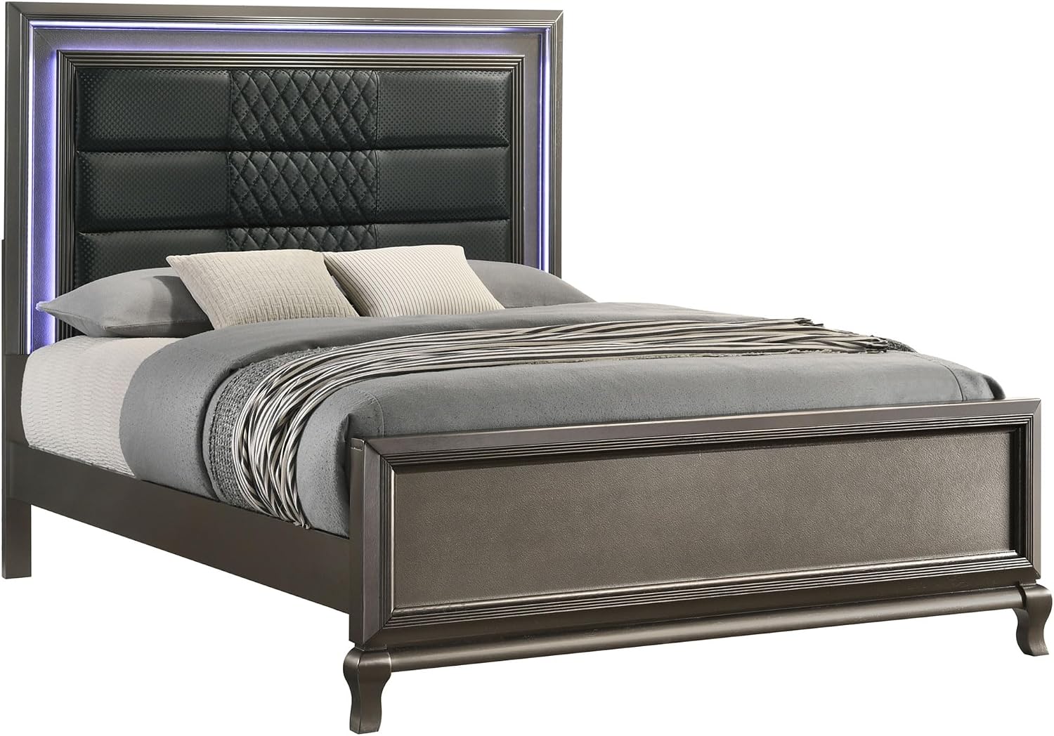 Kings Brand Furniture Tyler 6-Piece Queen Size Bedroom Set - Bed with LED Headboard, Dresser, Mirror, Chest and 2 Nightstands, Metallic Gray