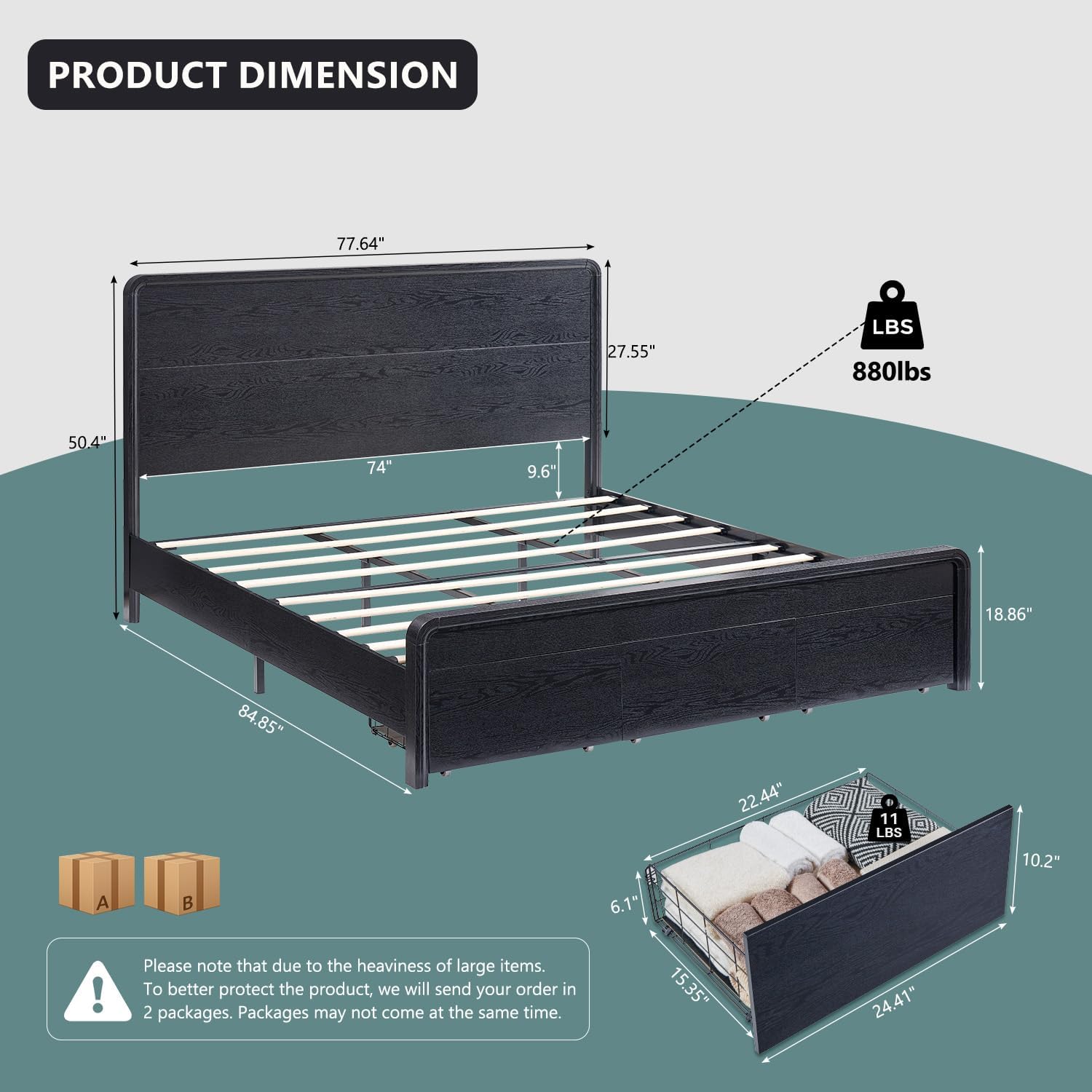 Aitjunz Modern King Size Bed Frame with 50' Tall Headboard, Wood King Size Platform Bed Frame w/3 Storage Drawers, Curved Profile Design, Wood & Steel Platform Bed, No Box Spring Needed, Black