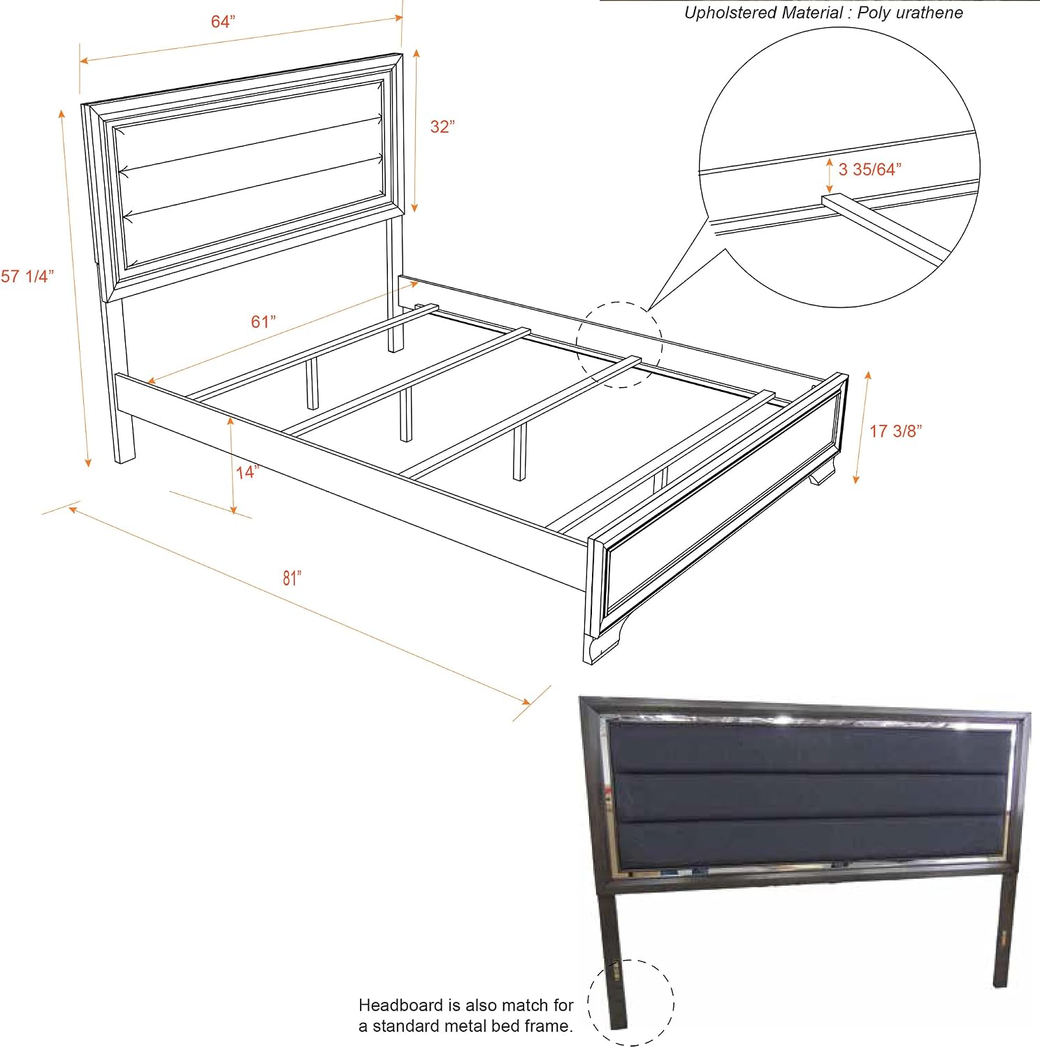 Kings Brand Furniture – 6-Piece Gray Wood with Faux Leather Headboard Queen Bedroom Set. Bed, Dresser, Mirror, Chest, 2 Night Stands