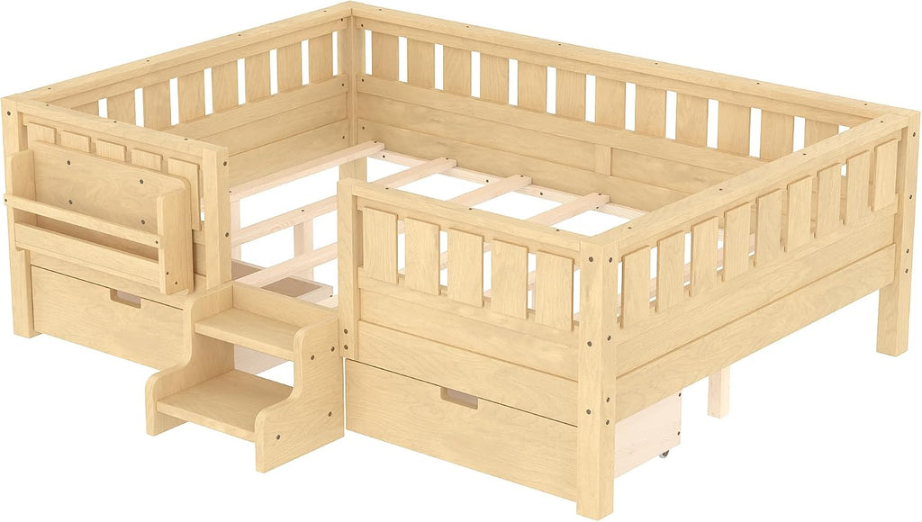 Bellemave Full Floor Bed with Stairs, Rails and Slats, Full Size Montessori Floor Bed with Bookshelf and 2 Storage Drawers, Easy Assemble Montessori Beds Frame for Girls, Boys, Light Natural