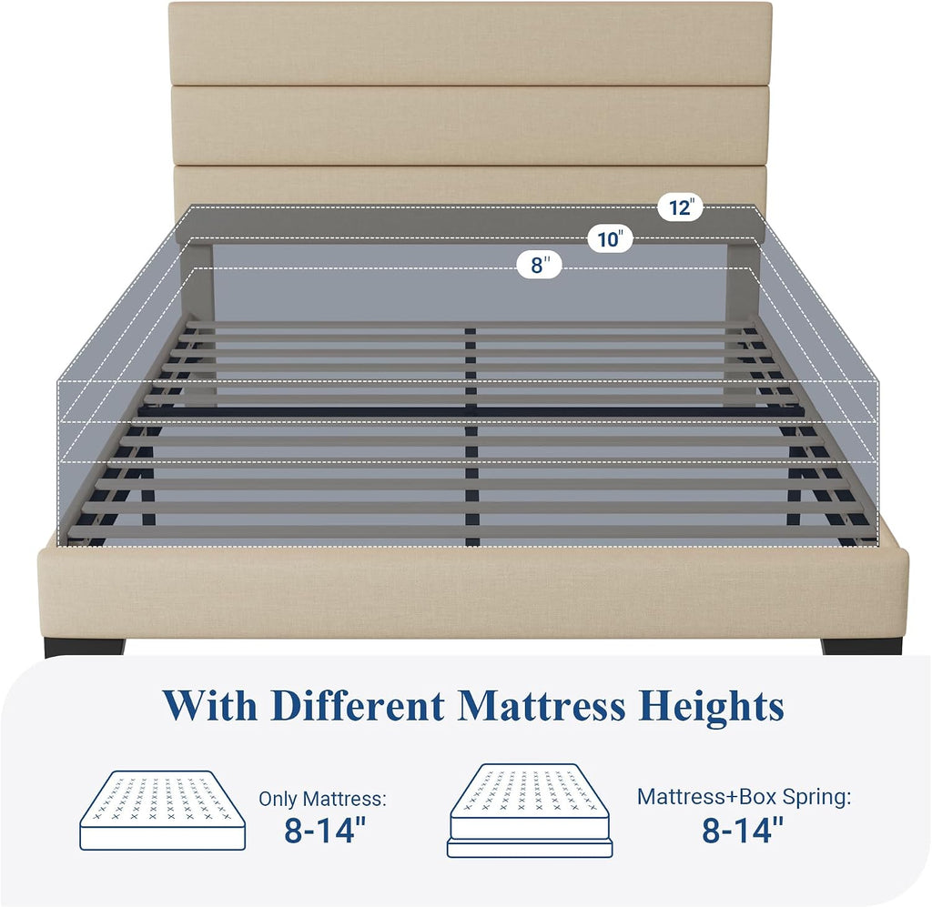 Allewie Queen Size Platform Bed Frame with Fabric Upholstered Headboard and Wooden Slats Support, Fully Upholstered Mattress Foundation/No Box Spring Needed/Easy Assembly, Beige