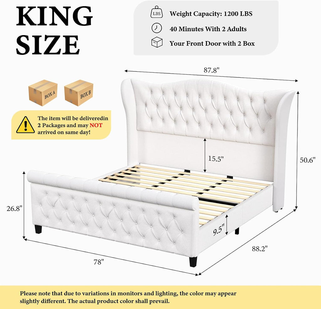 koorlian King Size Bed Frame,Chenille Upholstered Sleigh Bed with Scroll Wingback Headboard & Footboard,Luxury & Soft Button Tufted Modern Bed,Easy Assembly,No Box Spring Needed