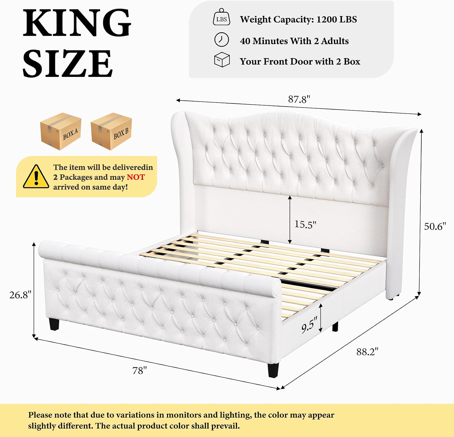 koorlian King Size Bed Frame,Chenille Upholstered Sleigh Bed with Scroll Wingback Headboard & Footboard,Luxury & Soft Button Tufted Modern Bed,Easy Assembly,No Box Spring Needed