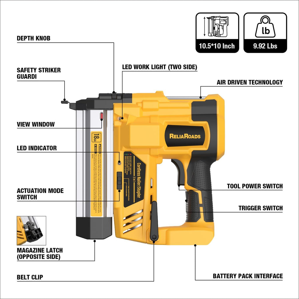 ReliaRoads 2' Cordless Brad Nailer, 18GA 2-in-1 Staple Nail Gun Battery Powered Compatible with DeWalt 20V MAX Battery, Electric Nail Gun Stapler with Nails Puller, 1600 Nails (Battery Not Included)