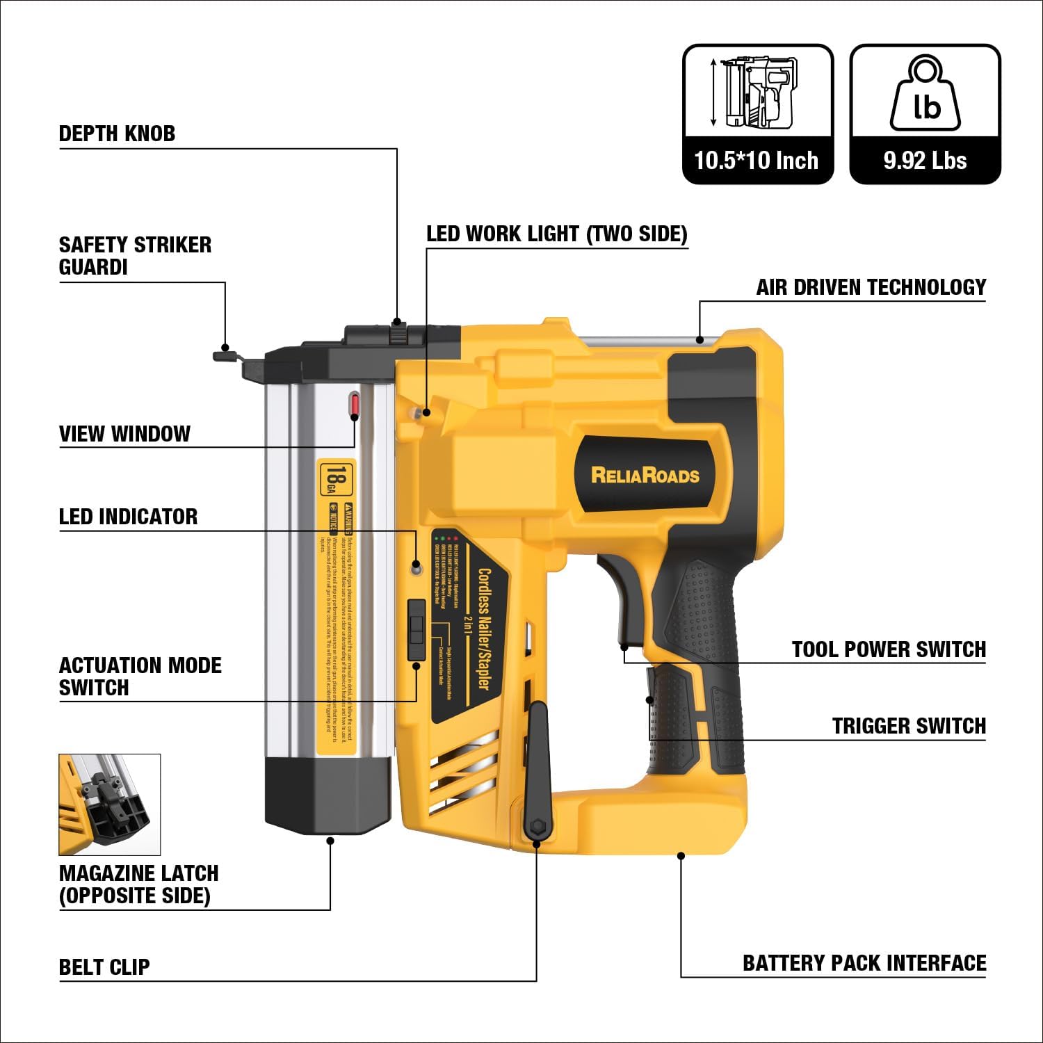 ReliaRoads 2' Cordless Brad Nailer, 18GA 2-in-1 Staple Nail Gun Battery Powered Compatible with DeWalt 20V MAX Battery, Electric Nail Gun Stapler with Nails Puller, 1600 Nails (Battery Not Included)