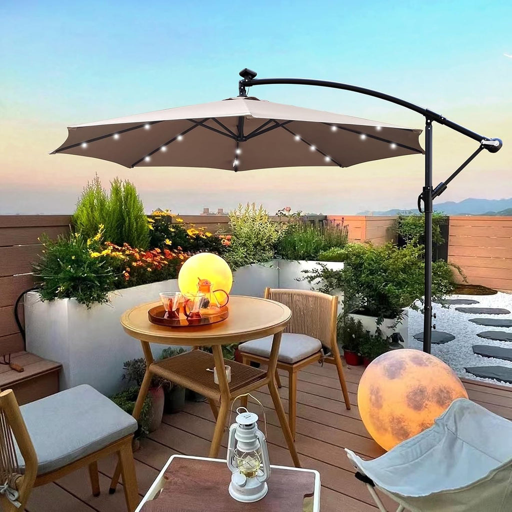 10ft 8 Ribs Outdoor Patio Umbrella with 24 LED Lights, Solar Powered Lighted Sun Shade Market Umbrella with Crank and Cross Base, for Garden Deck Backyard Pool Deck Swimming Pool