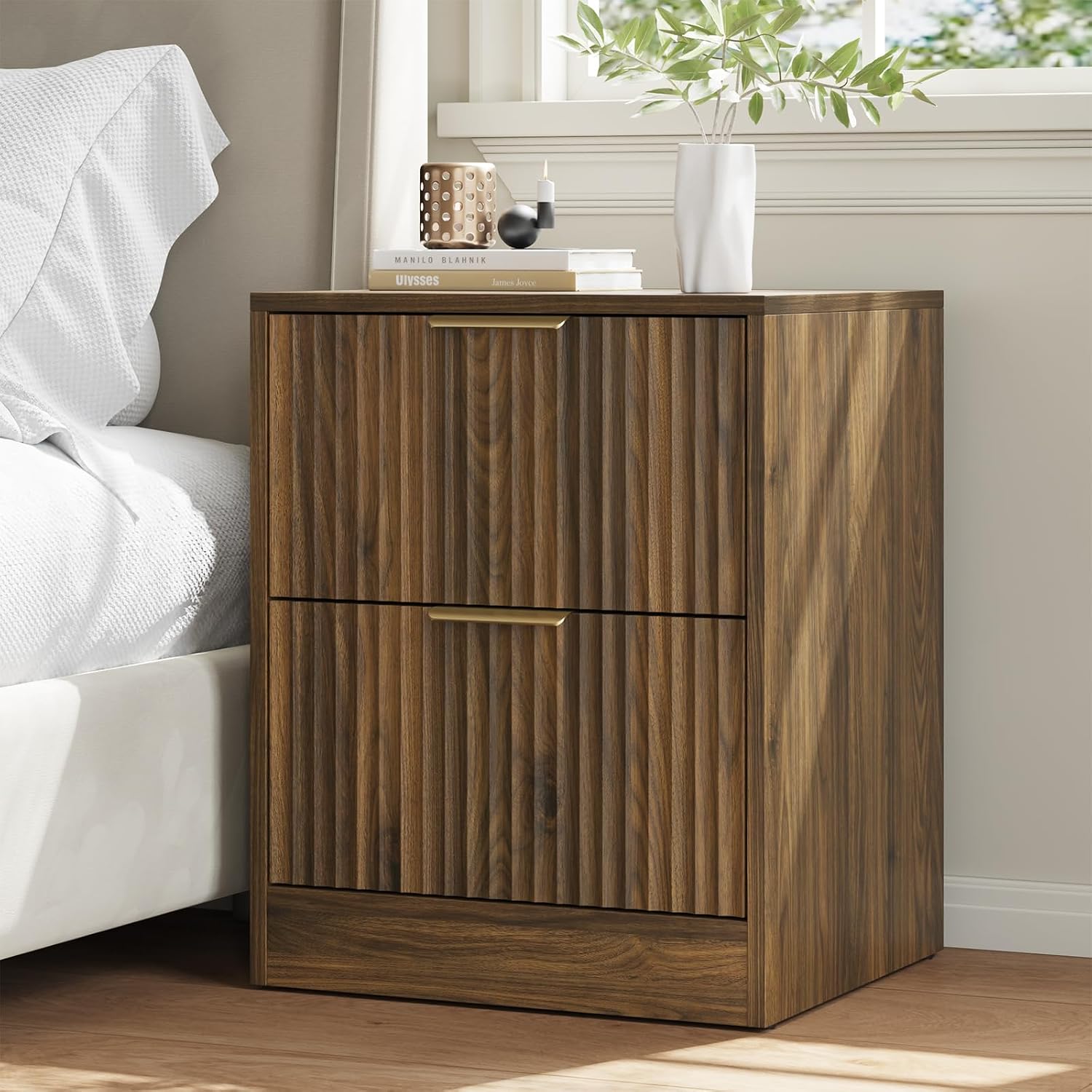 6 Drawer Dresser & Nightstand Set 3-Piece, 55' Wide Fluted Dresser and Night Stand Set of 2 with Metal Handle, Modern Wood Chest of Drawers Storage Dressers Set for Bedroom, Walnut