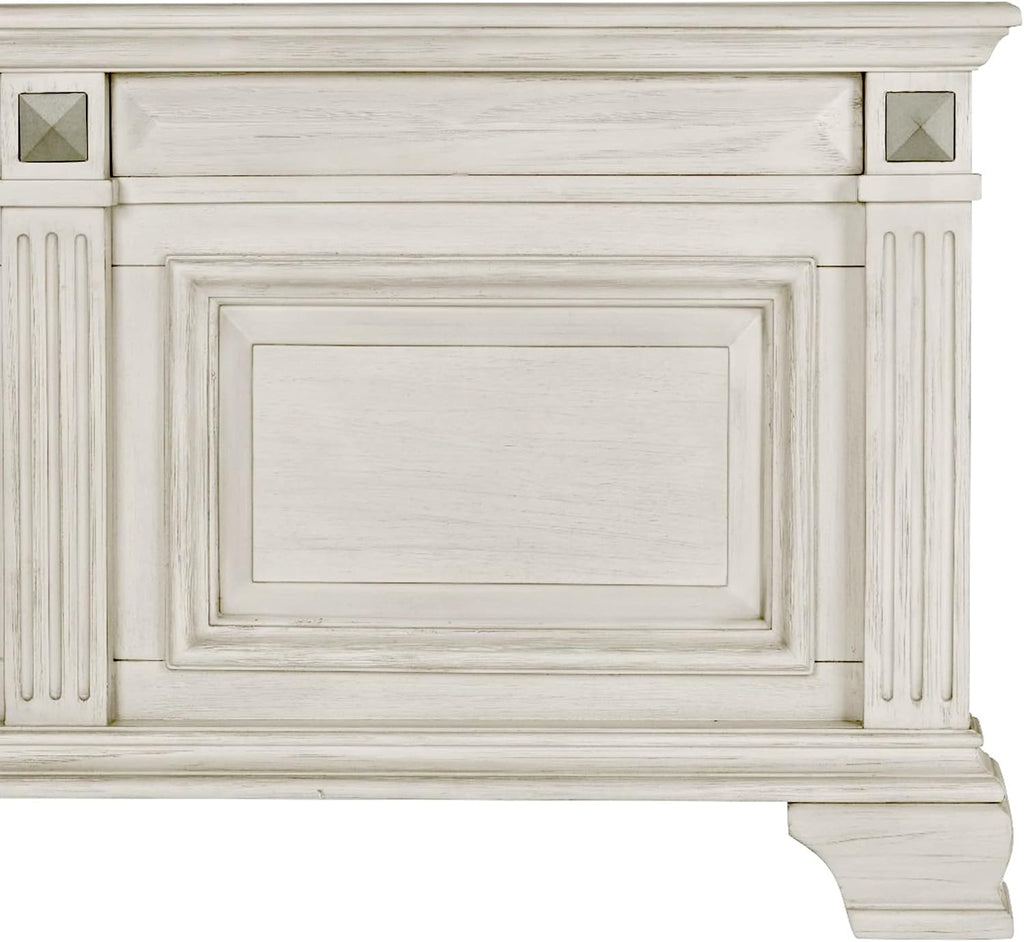 Roundhill Furniture Renova Distressed Parchment Wood Bedroom Set, Panel Bed, Dresser, Mirror, Nightstand, King