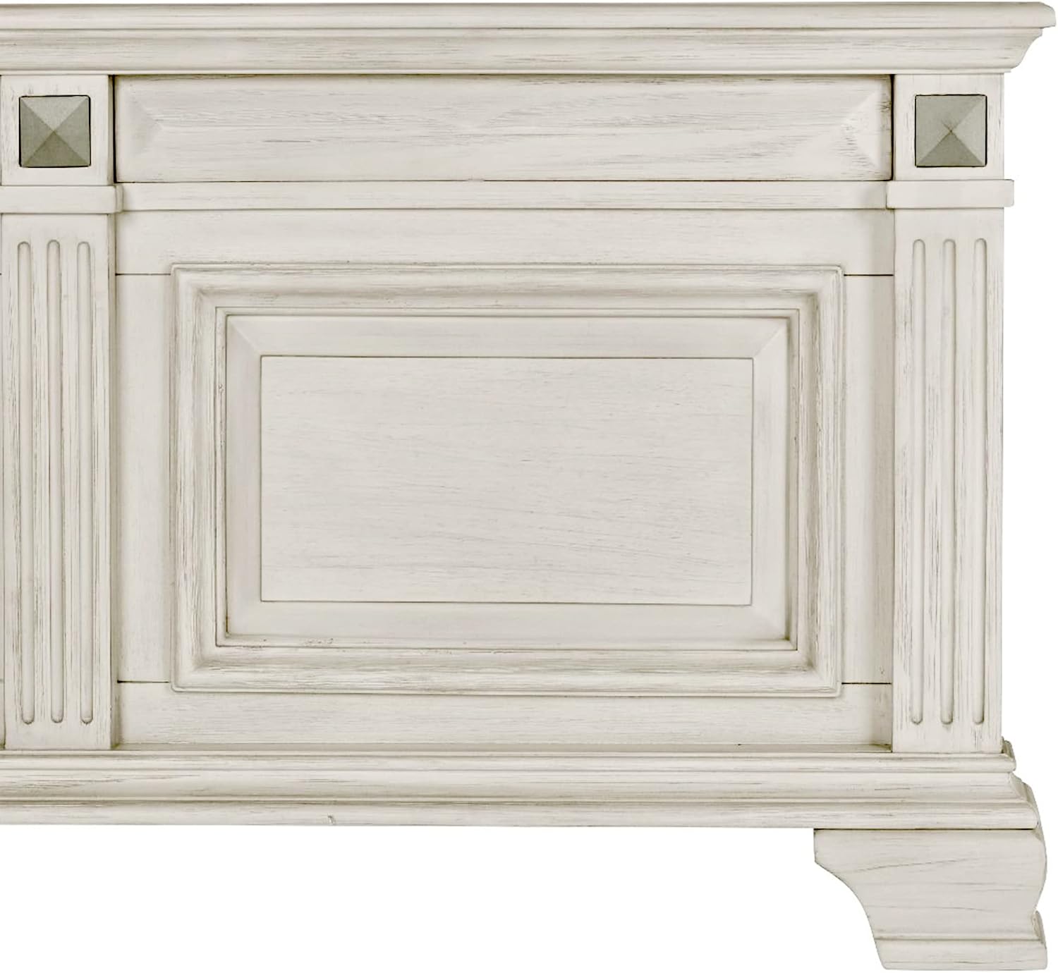 Roundhill Furniture Renova Distressed Parchment Wood Bedroom Set, Panel Bed, Dresser, Mirror, Nightstand, King