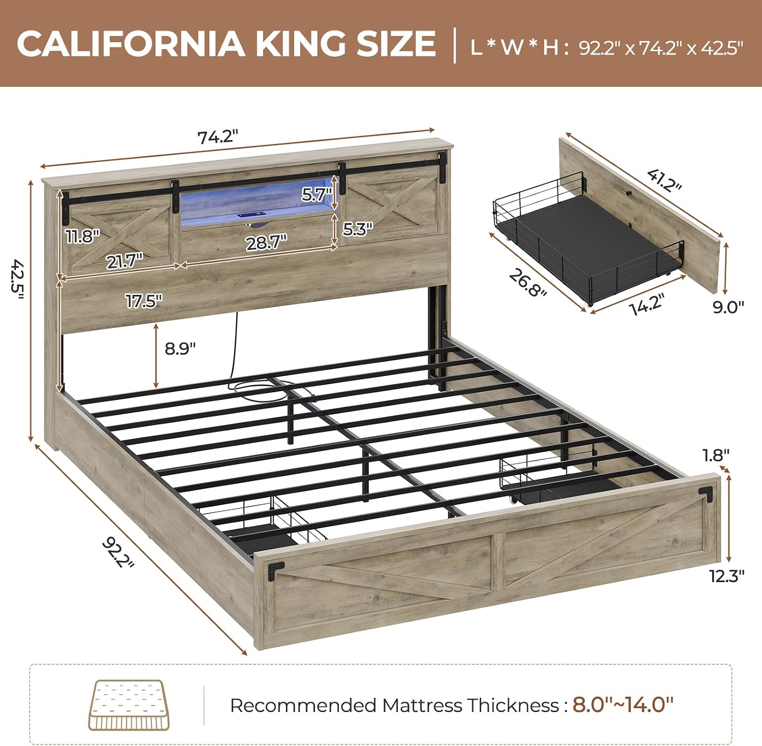 Hasuit Farmhouse Bed Frame California King Size with Storage Bookcase Headboard, Wooden Cal King Bed with LED Lights, Charging Station, 2 Drawers, Country Rustic Bed Frame with Sliding Barn Door