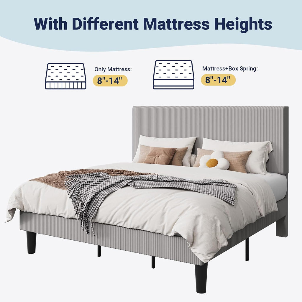 Allewie King Size Upholstered Bed Frame with Vertical Channel Tufted Headboard, Soft Corduroy Fabric Platform Bed, Strong Wooden Slats Support, Easy Assembly, No Box Spring Needed, Light Grey