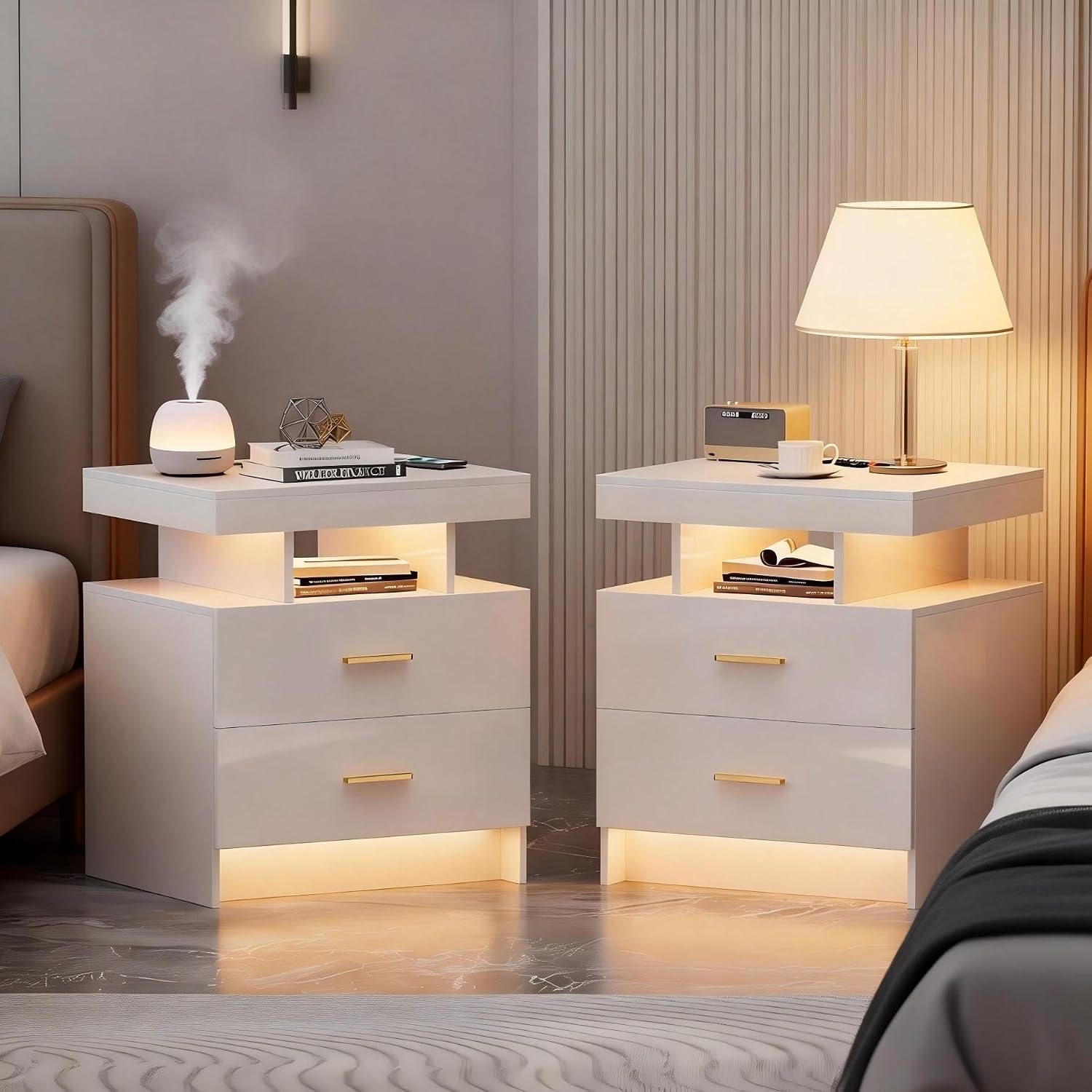Lvifur Smart Nightstand Set of 2 - LED Night Stand with RGB Lights, Modern Bedside Table with Charging Station for Bedroom, Glossy End Table with Human Body Induction (White)