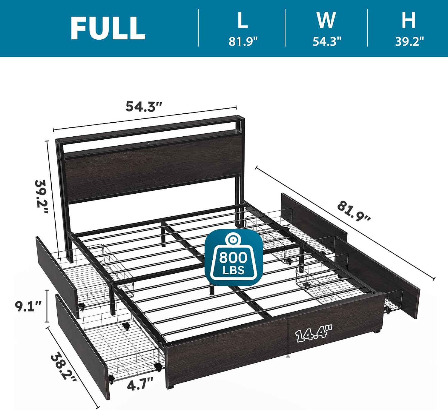 Kiivakii Full Size Bed Frame with Headboard, LED Platform Bed with 4 Storage Drawers, Built in Charging Station, Noise-Free, Metal Support Base, No Box Spring Needed, Black