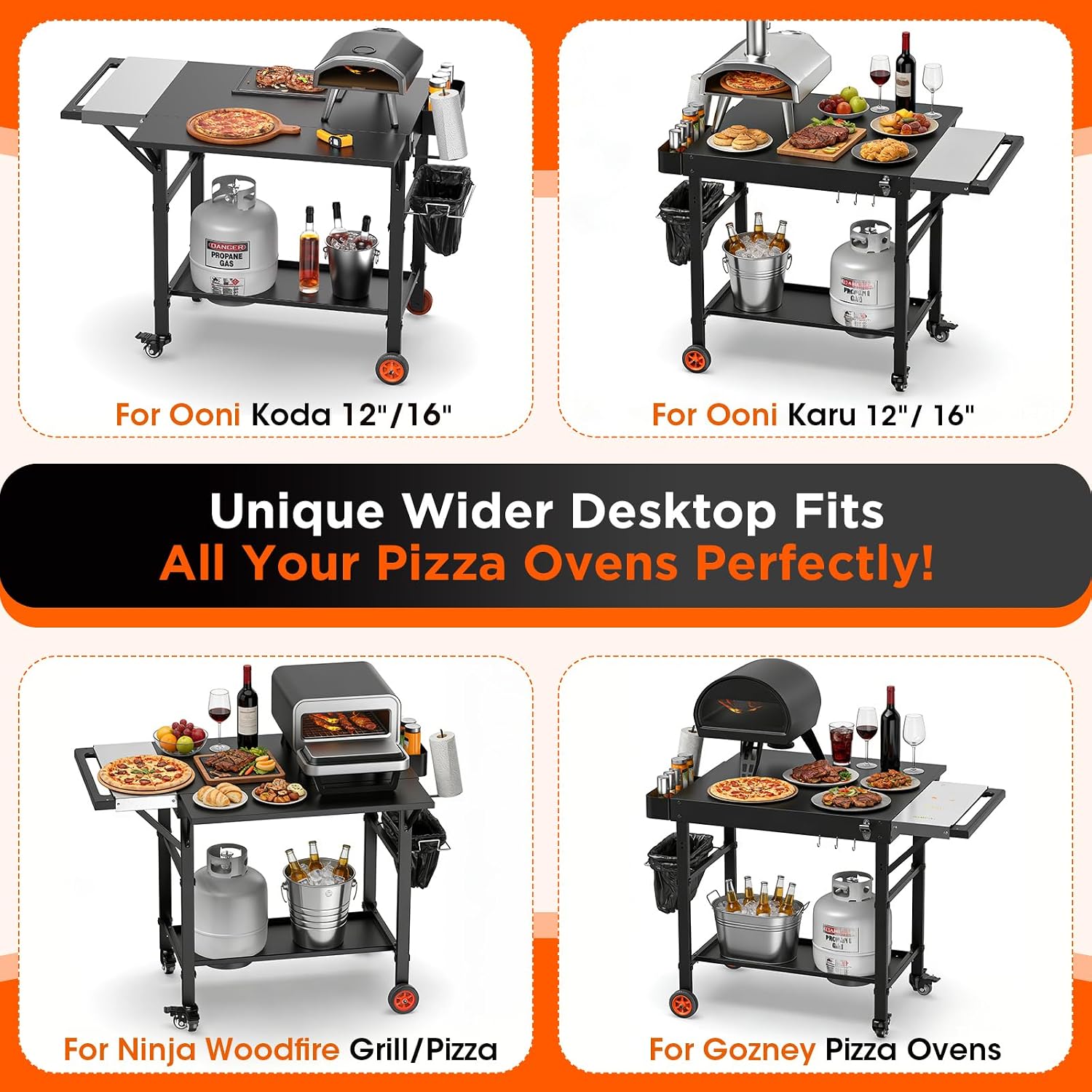 EUTRKei Pizza Oven Table with Topping Station - 45' x 29' Outdoor Grill Cart for Ooni, Ninja, Gozney, Solo Stove, Heavy Duty 450lbs Capacity, Grill Table with Extendable Desk for Tailgating Backyard