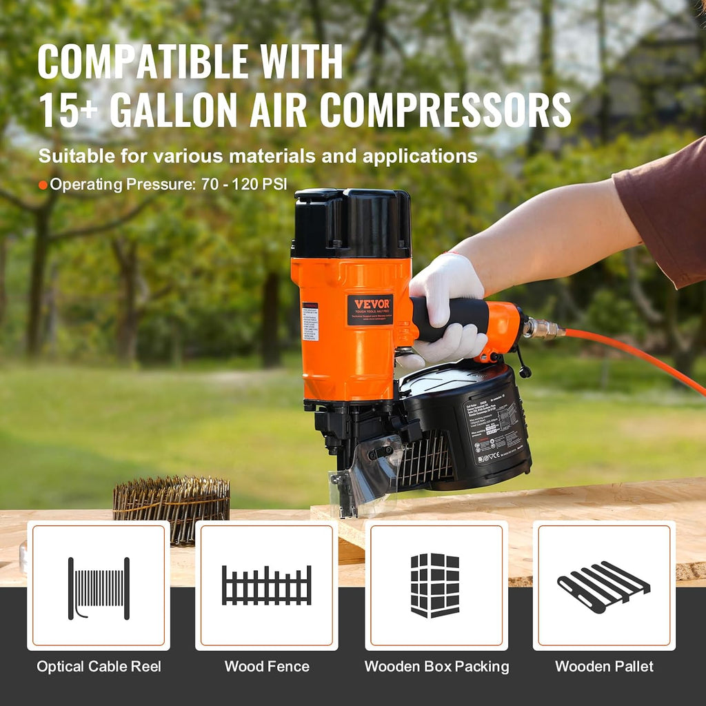 VEVOR Coil Siding/Framing Nailer CN83N, 2' to 3-1/4' 15 Degree Pneumatic Siding Nail Gun with Tool-Less Depth Adjustment, 70-120PSI Air Coil Nailer for Siding Sheathing Wooding Fencing Decking