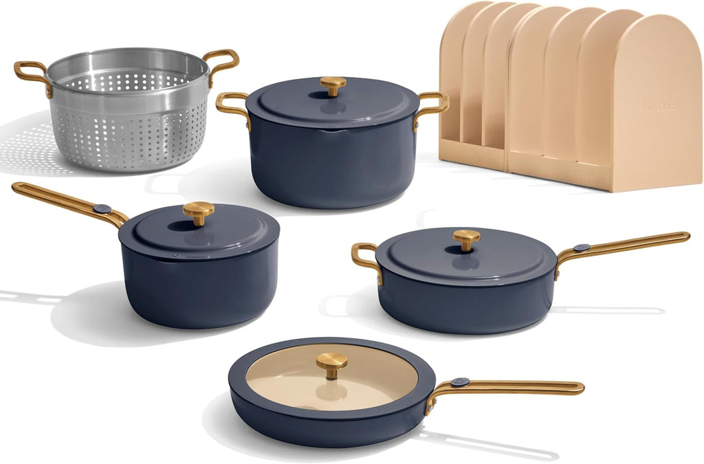 Our Place 11-Piece Essentials Complete Cookware Set - Ceramic Fry Pan, Saucepan, Sauté Pan, Stock Pot, Strainer Basket & Rack Storage | Thermakind™ Nonstick, Oven Safe up to 450°F | Blue Salt