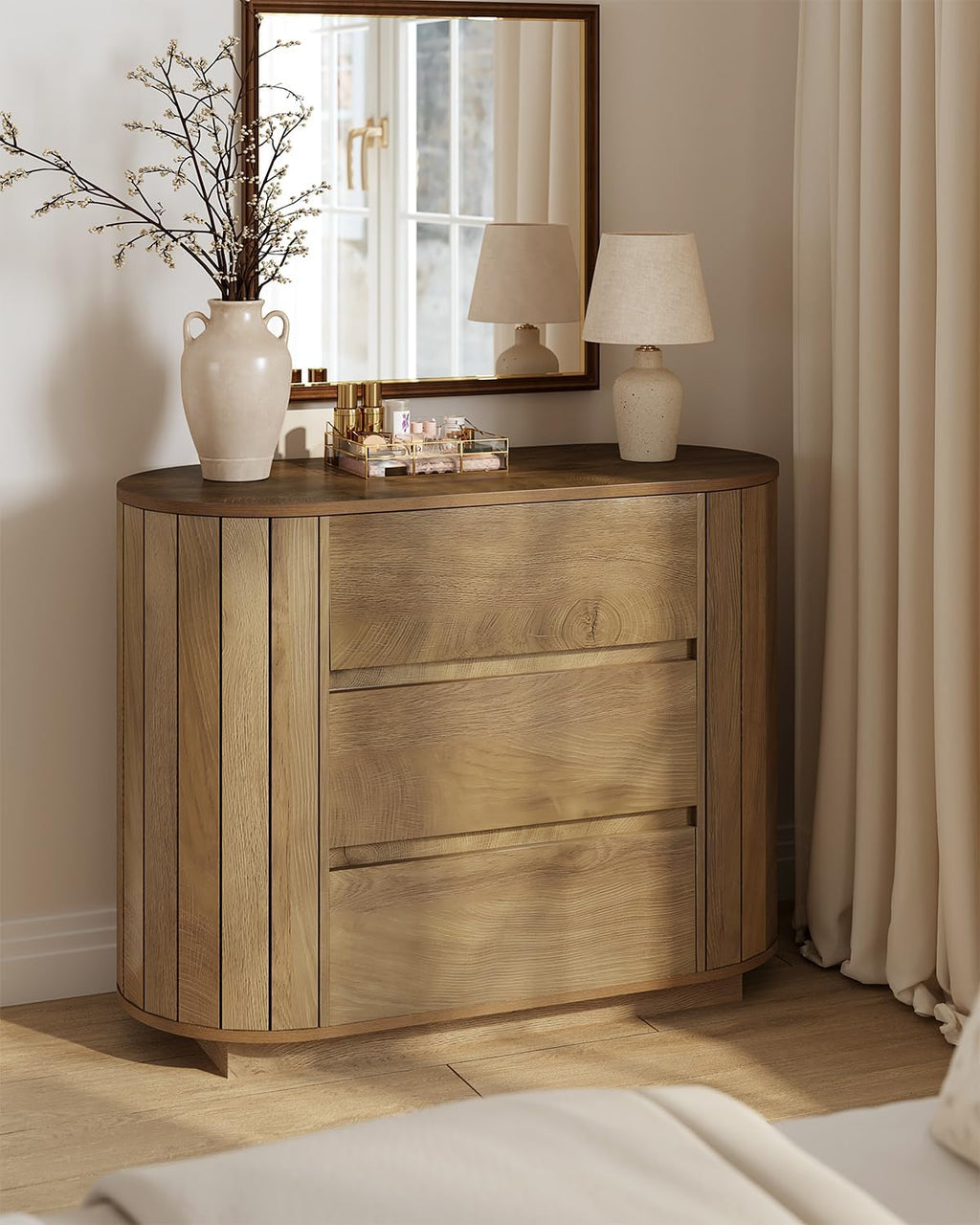 LITTLE TREE Large Nightstand, Oversized Night Stand Set 2, Slatted Side Design Wood Nightstand, 35' Wide End Tables, Modern Dresser with 3 Drawers for Bedroom,Entryway, Oak 2PCS