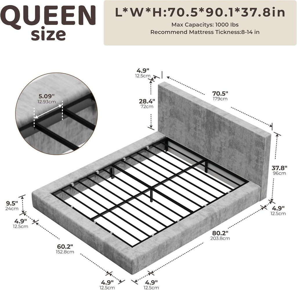 RECCI AirFrame Queen Bed Frame with Headboard, Cloud Upholstered Platform Bed Frame, 5 Inch Foam Cushioned, No Box Spring, Easy Assembly(Moon Grey)
