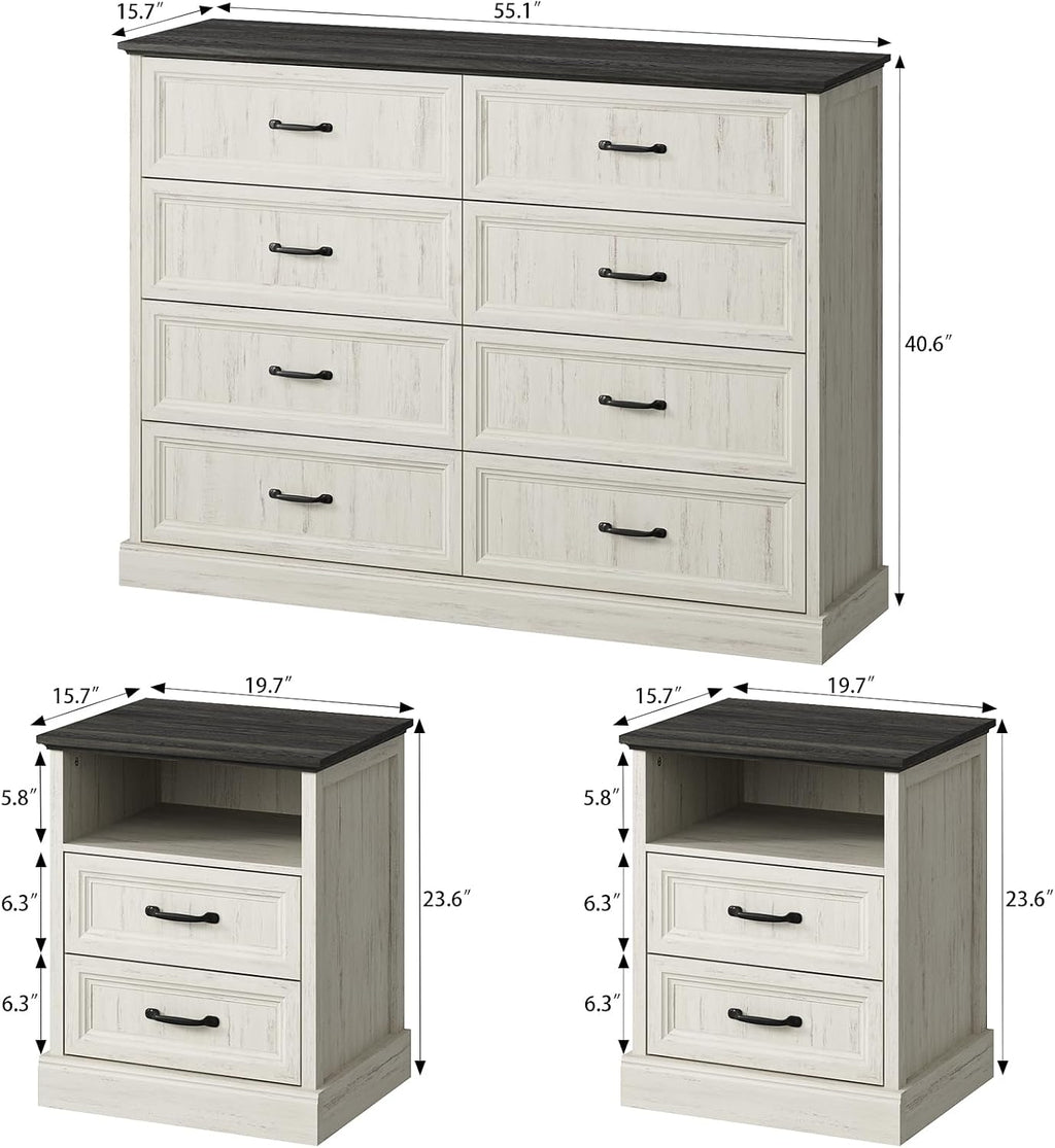 CARPETNAL Farmhouse Dresser and Nightstand Sets for Bedroom, 3 Pcs Bedroom Set, 8 Drawer Dresser & Nightstand Set of 2, Modern Wood Chest of Drawers for Bedroom Living Room, Entryway, White
