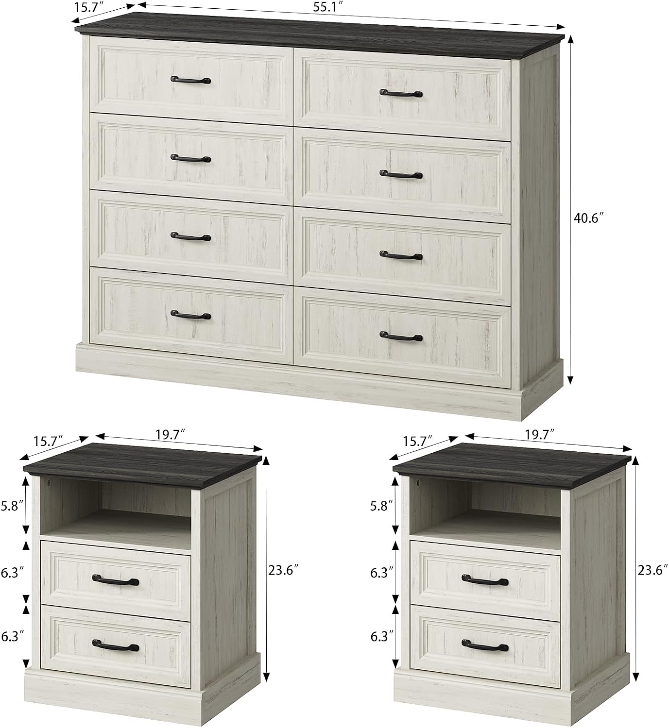 CARPETNAL Farmhouse Dresser and Nightstand Sets for Bedroom, 3 Pcs Bedroom Set, 8 Drawer Dresser & Nightstand Set of 2, Modern Wood Chest of Drawers for Bedroom Living Room, Entryway, White