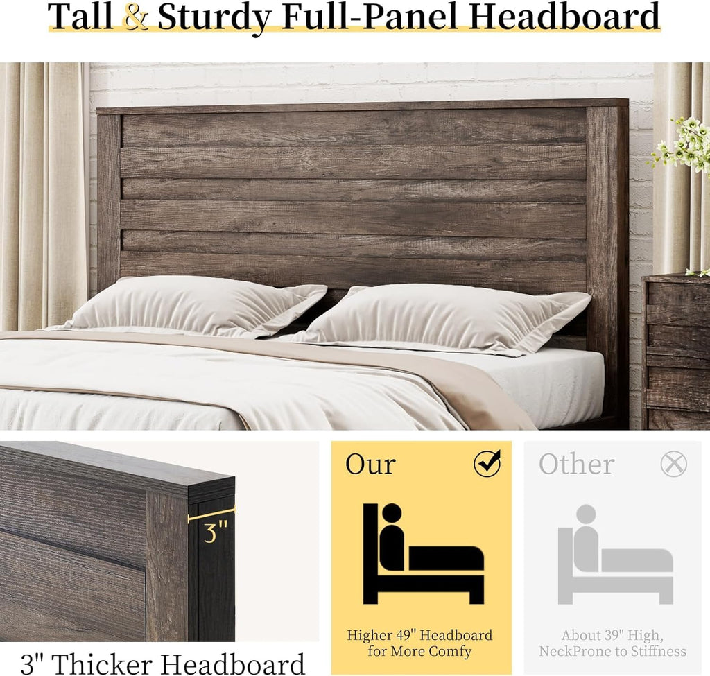 LUXOAK 3 Pcs Bedroom Furniture Sets,Includes Farmhouse Full Size Bed Frame with 49' Tall Headboard and Nightstand Sets of 2 with Charging Station, Slated Handles & Stainless Steel Feet, Rustic Grey