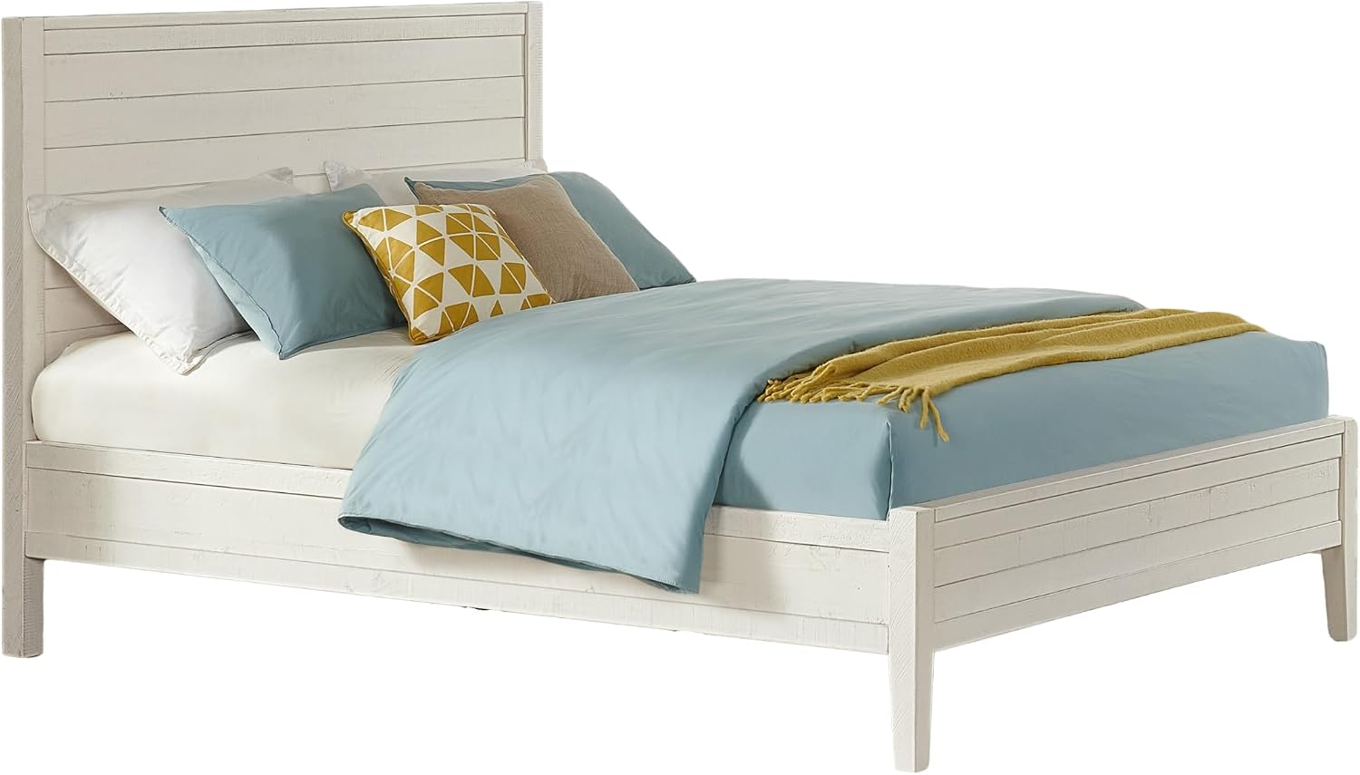 Arden Queen Size Panel Bed Frame – Solid Brazilian Pine Wood with High 50' Headboard, Low 18' Footboard, 8' Underbed Clearance – Rustic Boho Bedroom Style by Alaterre Furniture (Light Driftwood White)