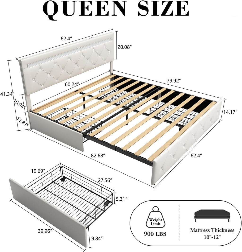 Bed Frame Queen Size with Storage Drawers and LED Light, 2 Sockets and 2 USB Ports, Adjustable Headboard with PU Leather Upholstered, No Box Spring Needed, Wooden Slats Support, White.