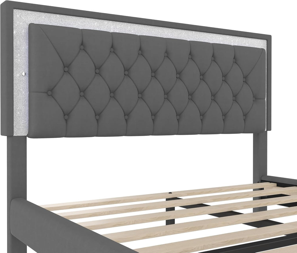 Harper & Bright Designs 3 Pieces Bedroom Sets, Mid Century Modern Queen Size Upholstered Platform Bed Frame with Headboard, 2 Nightstands and LED Lights, Bedroom Furniture Sets (Gray)