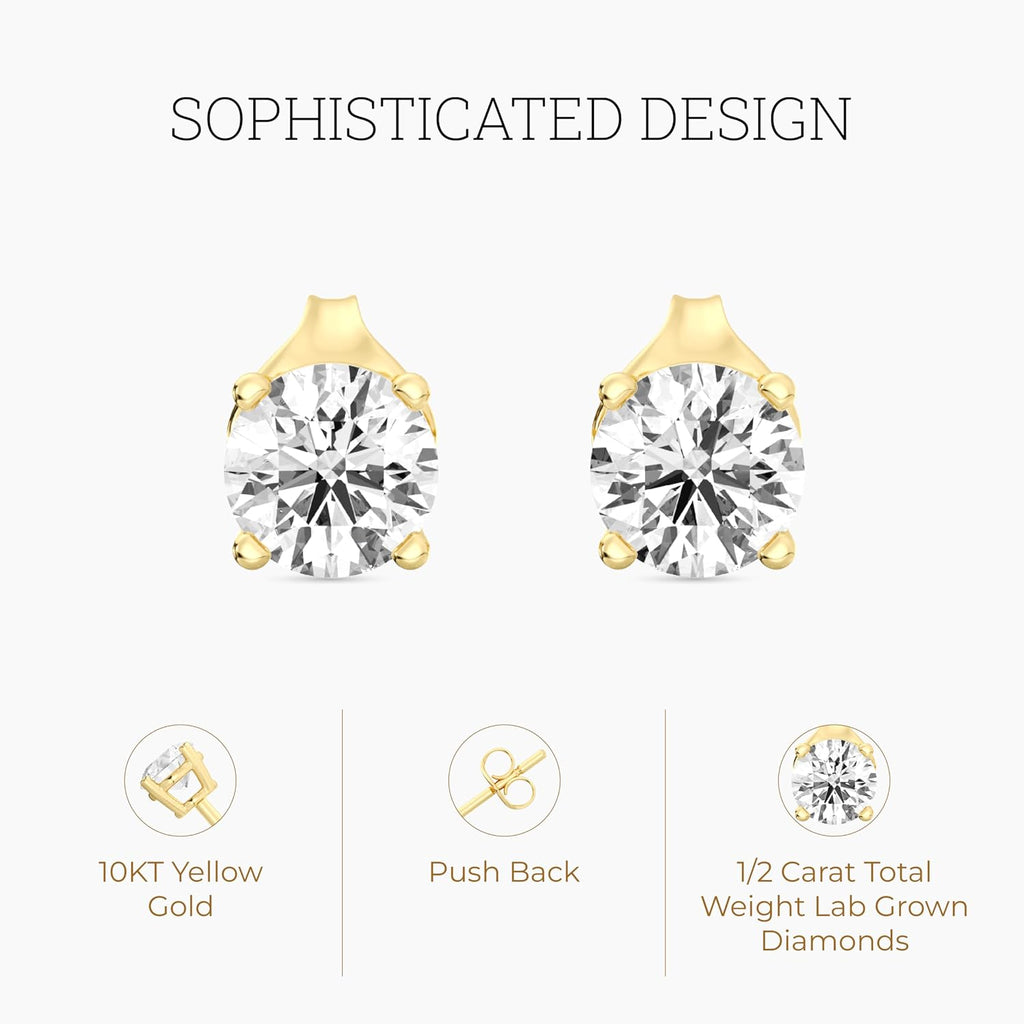 Gilded Lab-Grown Diamond Stud Earrings 10KT White Gold and 10KT Yellow Gold | Hypoallergenic Fine Gold Jewelry | 4-Prong Basket, Push Back Nut | VS2 SI1 Clarity, F Color, Round Cut | 1/5,1/4,1/3,3/8,1/2,3/4,1,2 ct tw
