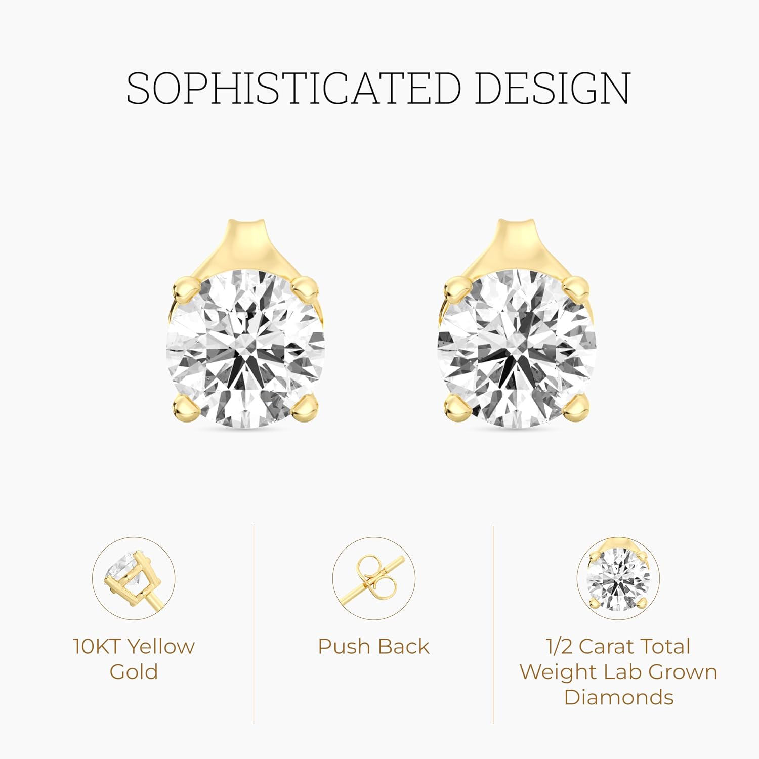 Gilded Lab-Grown Diamond Stud Earrings 10KT White Gold and 10KT Yellow Gold | Hypoallergenic Fine Gold Jewelry | 4-Prong Basket, Push Back Nut | VS2 SI1 Clarity, F Color, Round Cut | 1/5,1/4,1/3,3/8,1/2,3/4,1,2 ct tw