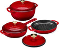 Best Choice Products Non-Stick Pot & Pan Cookware Set, Cast Iron, 2Qt Skillet W/Lid, 10' Grill Or Griddle Pan W/Press, 6Qt Enameled Dutch Oven, Non-toxic, For Cooking & Grilling - Red