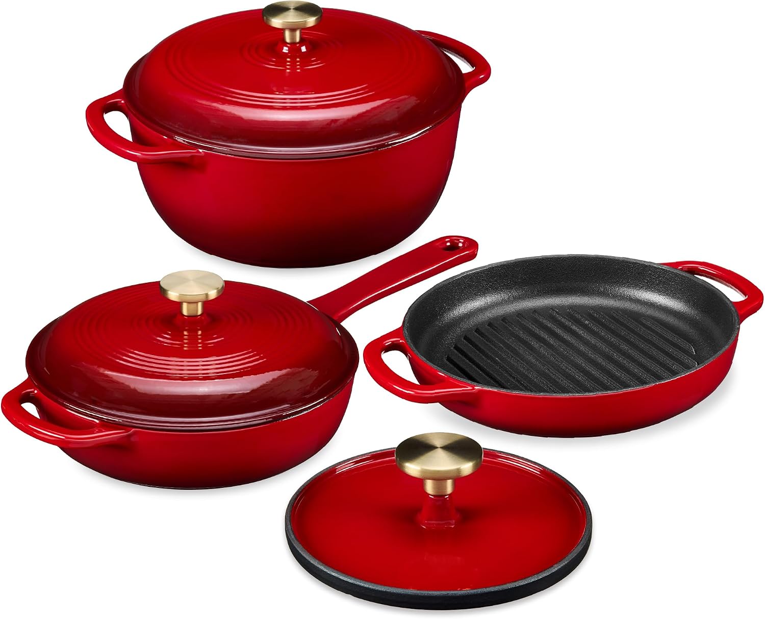 Best Choice Products Non-Stick Pot & Pan Cookware Set, Cast Iron, 2Qt Skillet W/Lid, 10' Grill Or Griddle Pan W/Press, 6Qt Enameled Dutch Oven, Non-toxic, For Cooking & Grilling - Red