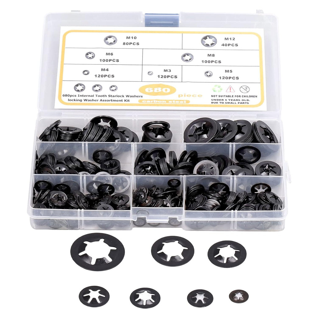 680Pcs Carbon Steel Starlock Washers Kit, M3 to M12 Assortment, Quick Speed Locking, Internal Tooth Design for Secure Fastening, Push Nuts & Retaining Clips Included