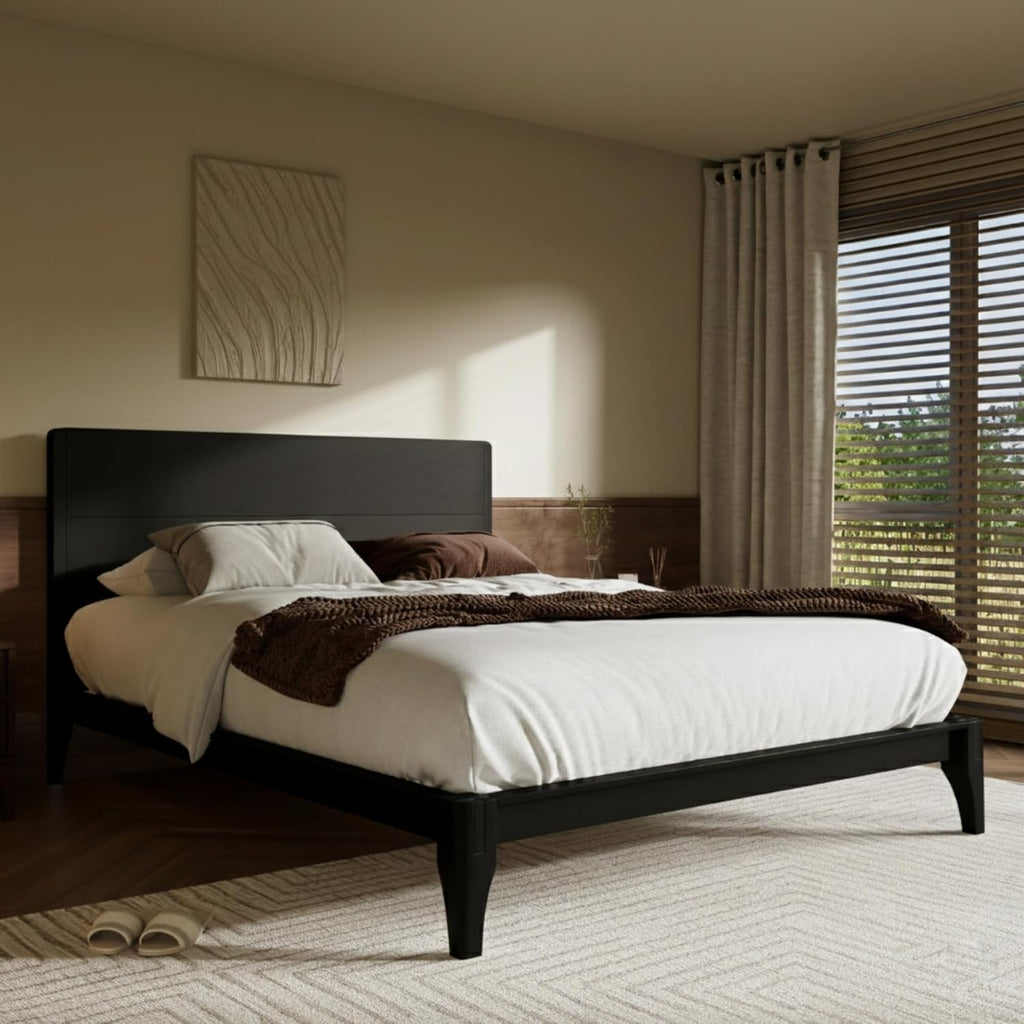 Merax Full Size Bamboo Platform Bed, Mid-Century Modern Bed Frame with Tall Headboard, Solid Sustainable Bedframe Full-Size, Wood Slat Support, No Box Spring Needed, Easy Assembly, Noise Free, Black