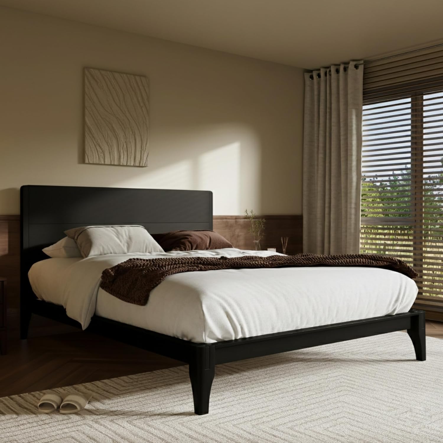 Merax King Size Bamboo Platform Bed, Mid-Century Modern Bed Frame with Tall Headboard, Solid Sustainable Bedframe King-Size, Wood Slat Support, No Box Spring Needed, Easy Assembly, Noise Free, Black