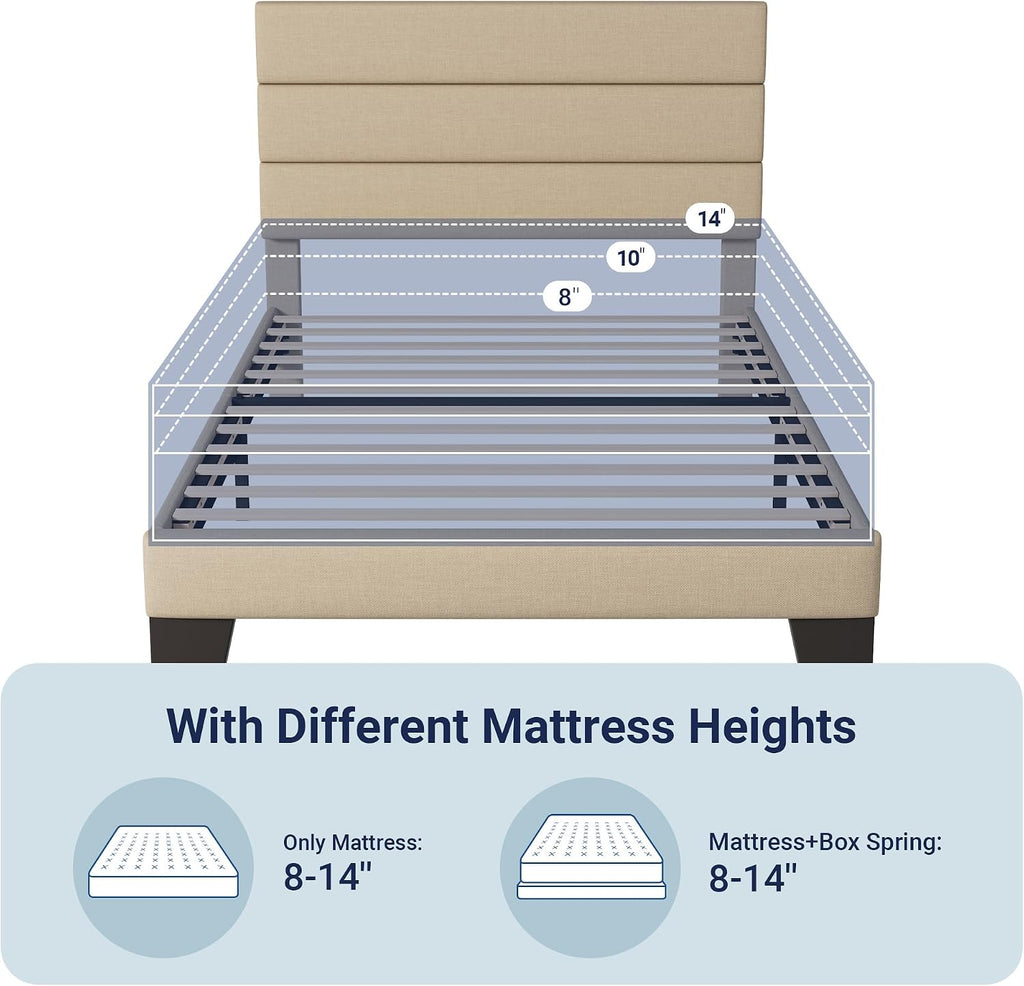 Allewie Twin Size Platform Bed Frame with Fabric Upholstered Headboard and Wooden Slats Support, Fully Upholstered Mattress Foundation/No Box Spring Needed/Easy Assembly, Beige