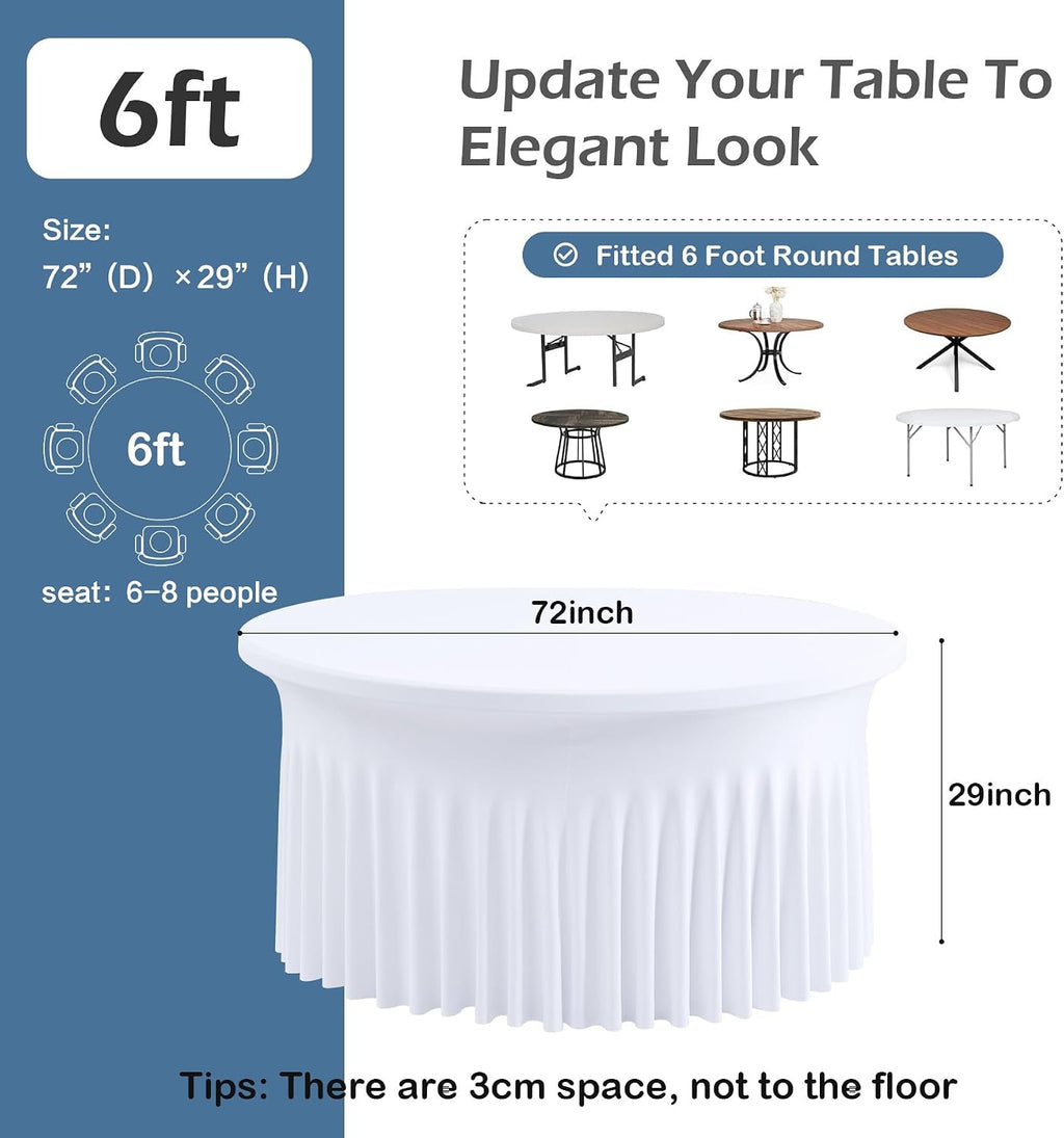 6 pk White Spandex Round Tablecloth 72 in with Ruffled Skirt,Wrinkle Free High-Stretch 132 inch Fitted 6ft Table Cloths Round Elastic Spandex Table Covers 6ft for Party Wedding Banquet Dinning