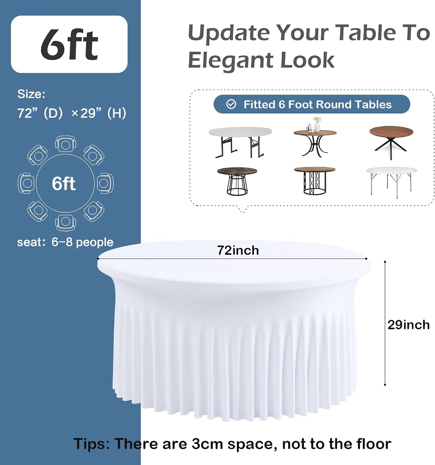 8 pk White Spandex Round Tablecloth 72 in with Ruffled Skirt,Wrinkle Free High-Stretch 132 inch Fitted 6ft Table Cloths Round Elastic Spandex Table Covers 6ft for Party Wedding Banquet Dinning
