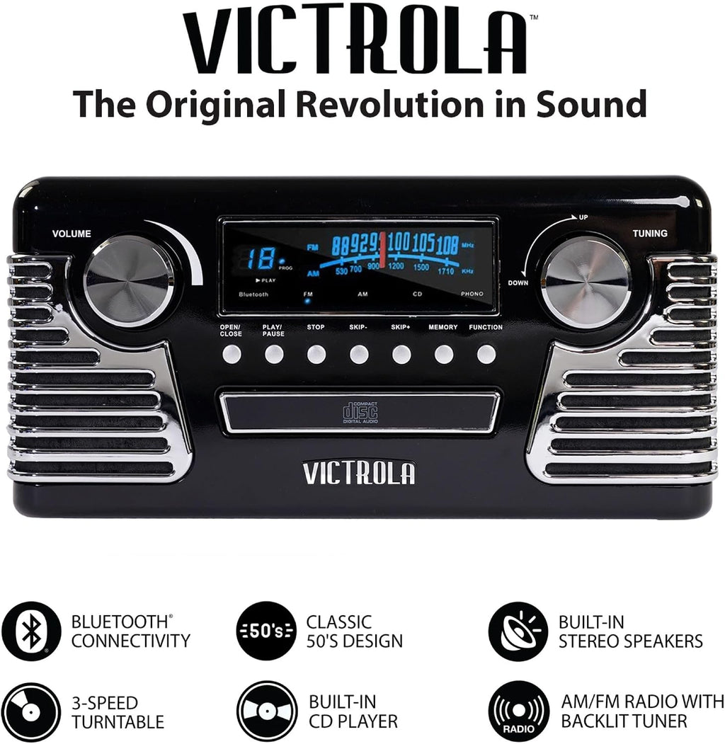 Victrola Haley Retro Bluetooth Record Player & Multimedia Center with Built-in Speakers - 3-Speed Turntable, CD Player, AM/FM Radio, 3.5mm Aux-In, Wireless Music Streaming, Black